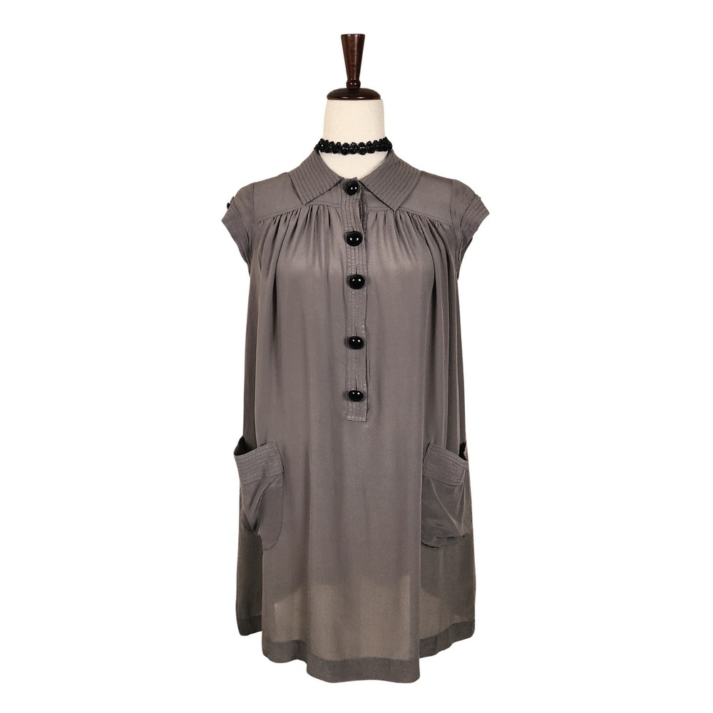 Twee Silk Mini Dress Size S Brown Collar Big Buttons Pockets Tunic Short‎ Sleeve